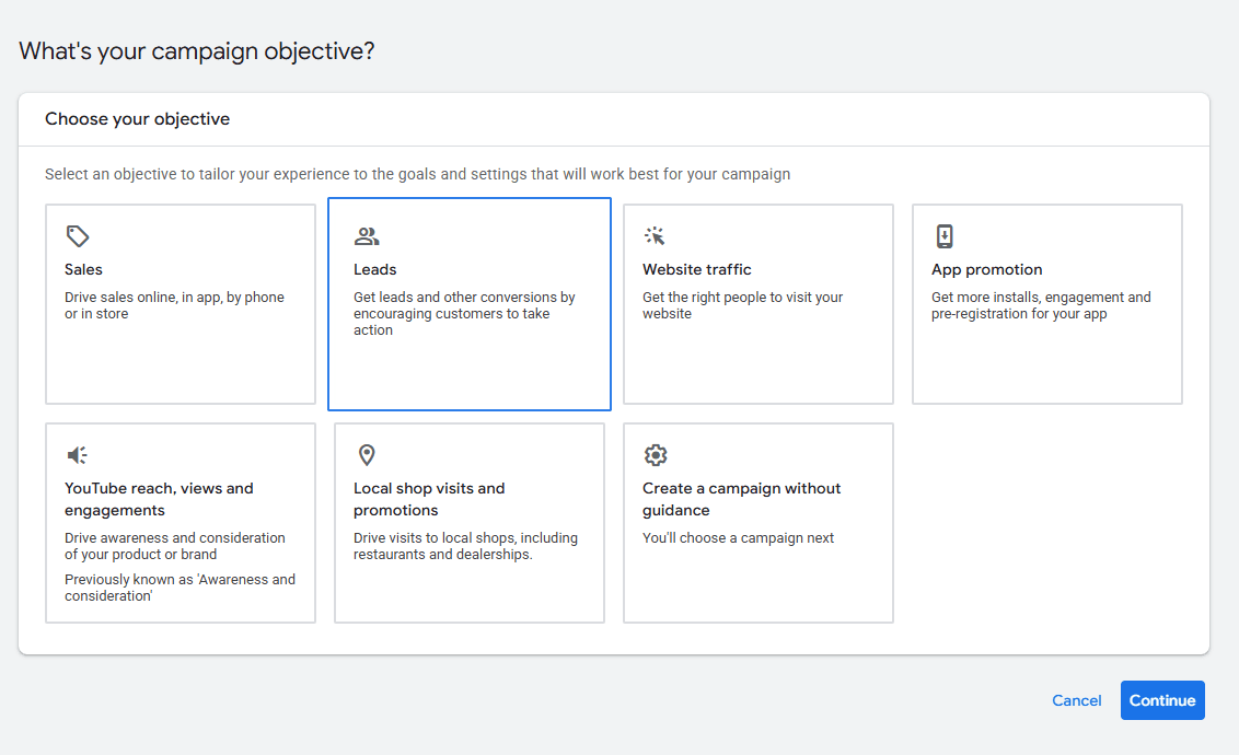 google ads campaign objective setup