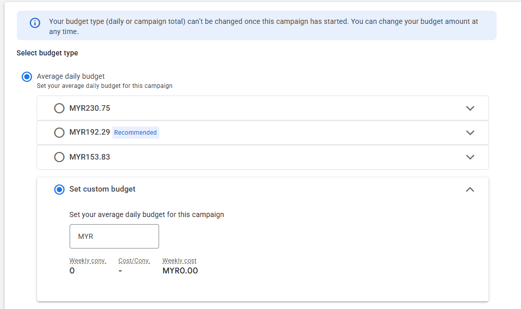 google ads budget settings