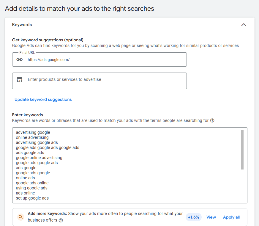 google ads keyword selection